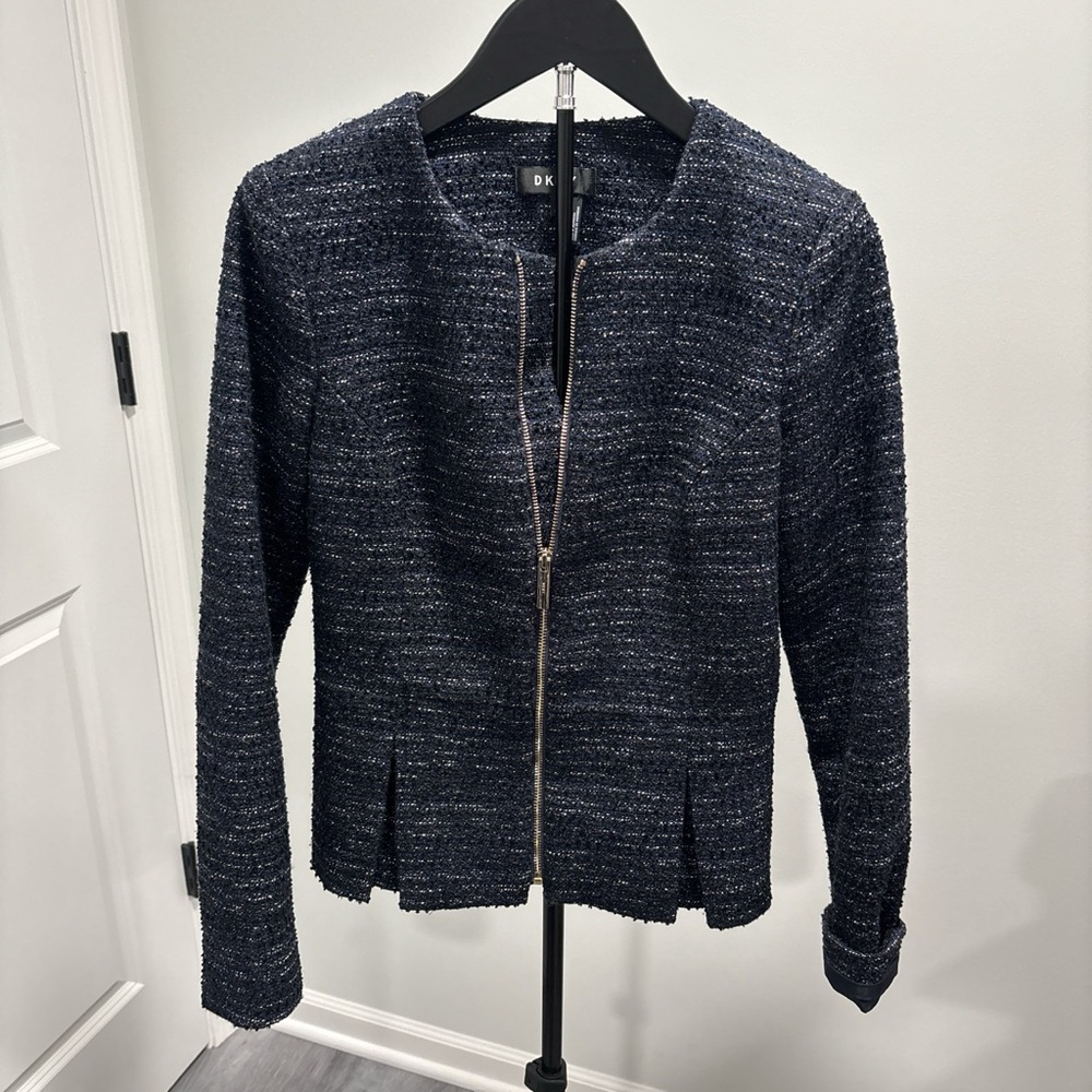 DKNY Navy Sparkle Tweed Zip Jacket